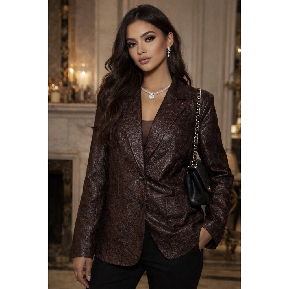 SIENA STUDIO Bohemian Retro VINTAGE TOOLED FLORAL LEATHER BLAZER JACKET COAT 8